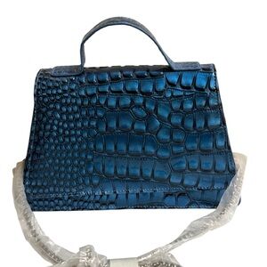 Geir Ness Norway Laila Blue Croc Embossed Handbag Metallic Top Handle Crossbody